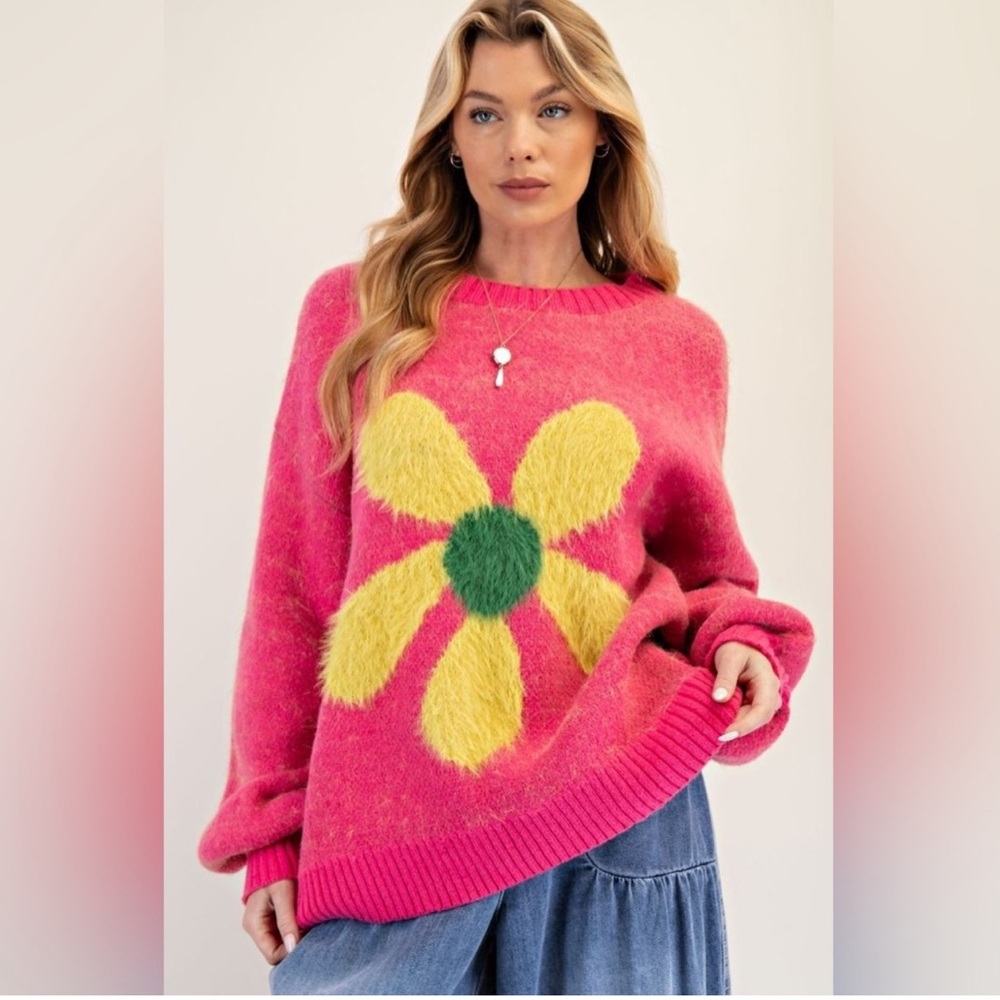 Pink Floral Crewneck Sweater with Yellow Daisy Detail